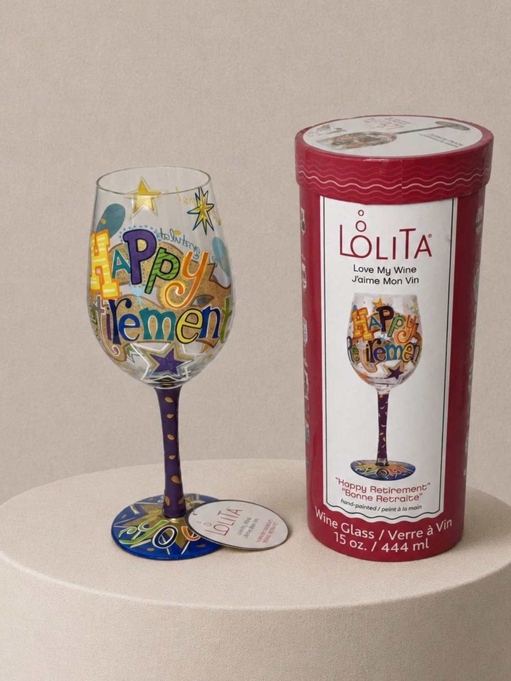 Lolita Hand Painted Wine Glass 15 oz Happy Retirement with Original Box
